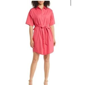 New Du Paradis Tie Waist Cotton Shirtdress in Hot Pink Size Large